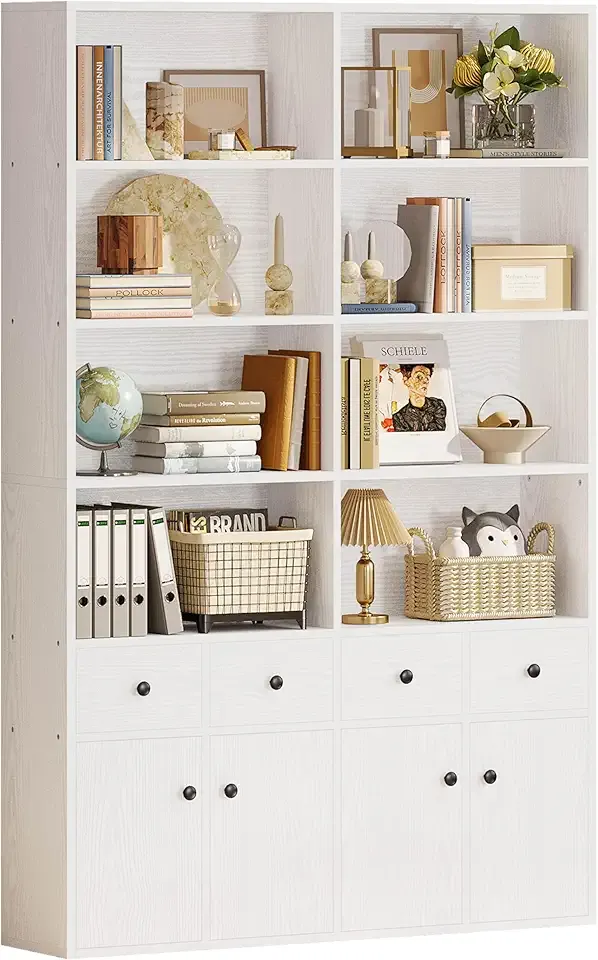 78.7" Bookcase with 4 Drawers and 4 Doors, 6 Tier Large Bookshelf with Storage, Floor Standing Display Storage Shelves, Tall Storage Cabinet for Living Room (Industrial White)