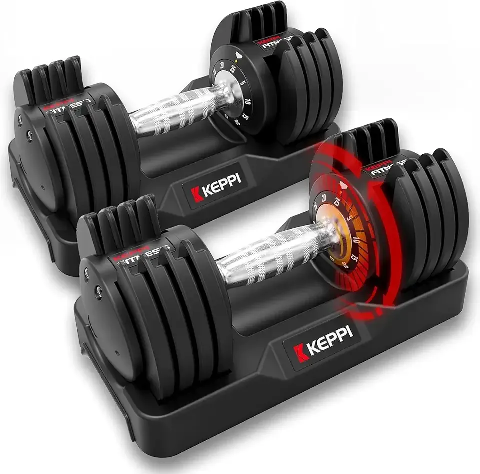Keppi Adjustable Dumbbells Set-25lb/40lb/55lb/60lb, Anti-Slip Metal Fast Adjust Weight Handle, Exercise & Fitness for Full Body Workout - Adjustable Dumbbell Series