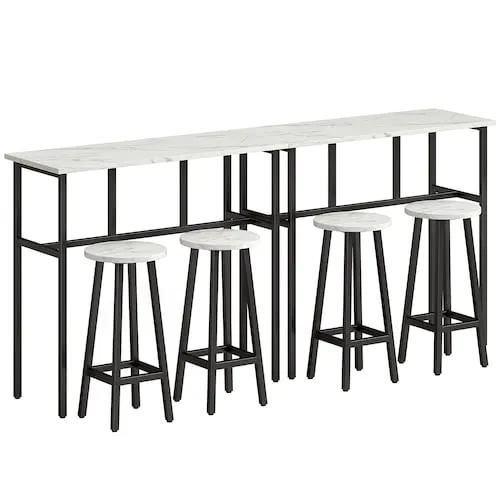 39.4-inch W 6-piece Bar Table Set with 2 Breakfast Tables and 4 Stools, White Marble