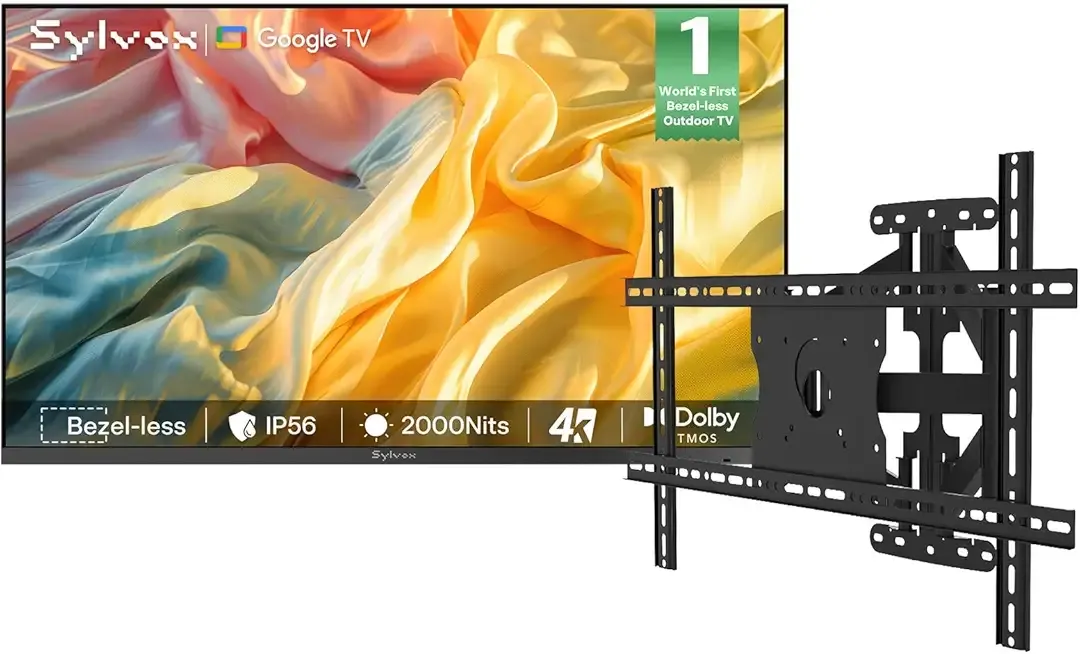 SYLVOX Outdoor TV with Wall Mount, 75 inch Full Sun TV 2000 Nits, Ultra-Narrow Bezel, 4K Smart Google Television, IP56 Waterproof, Dual Speakers, for Poolside, Yard, Business (Frameless Pro Series)