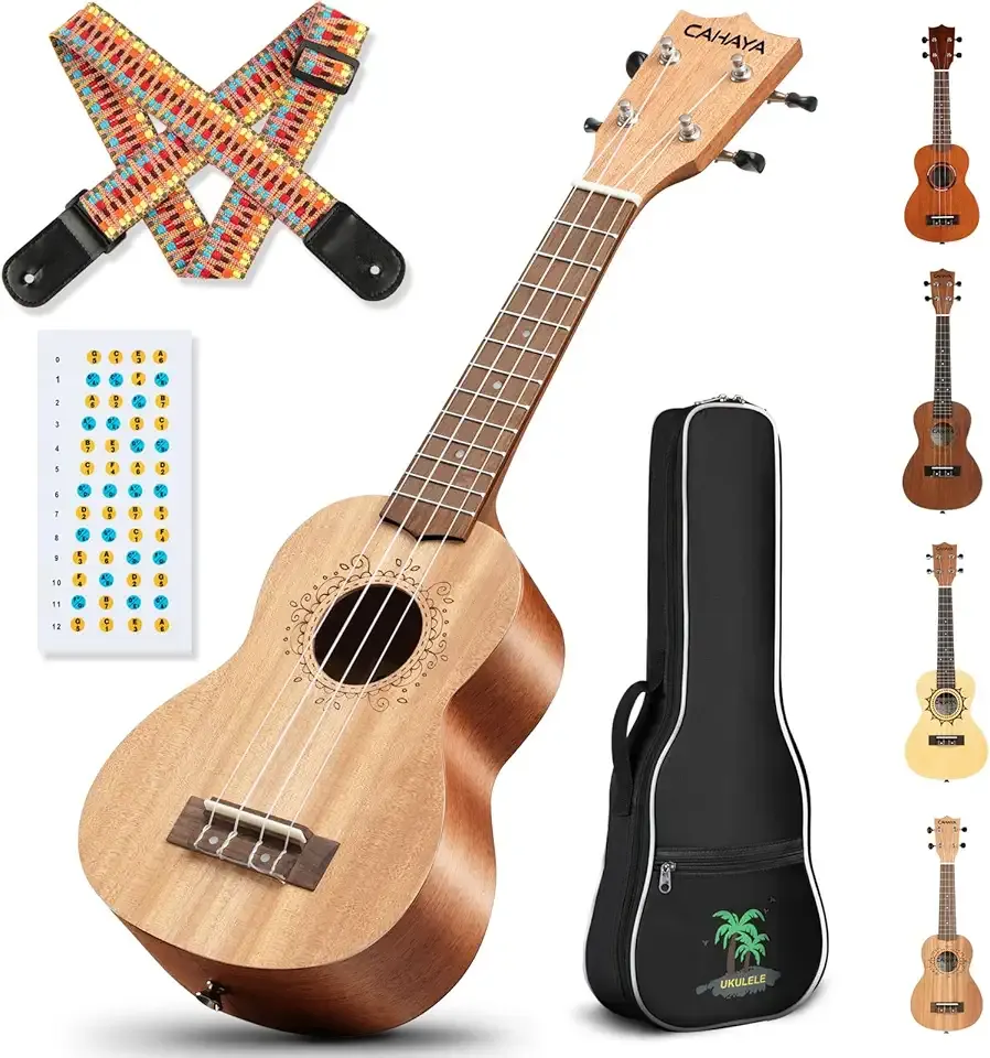 CAHAYA 21 Inch Ukulele Mahogany Beginner Kit Soprano Ukelele with Gig Bag Rainbow Strap Fretboard Stickers for Both Adults and Kids Professional Hawaiian Ukalalee Gifts CY0068