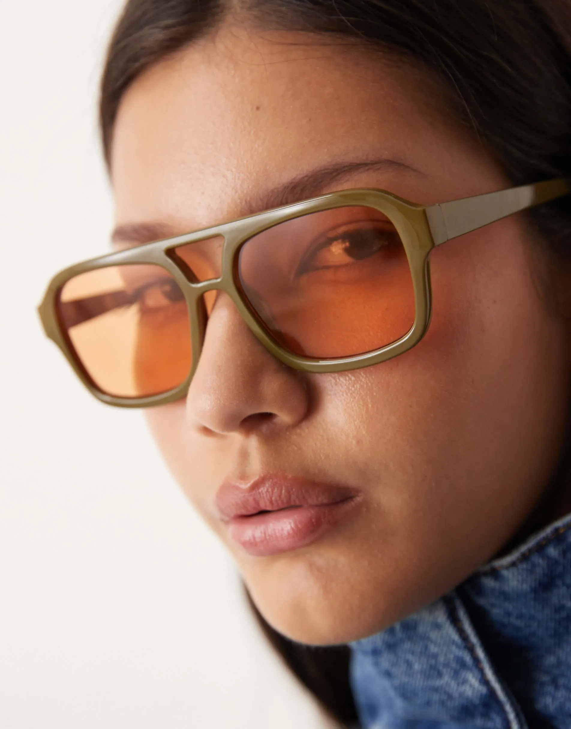 ASOS DESIGN aviator sunglasses in olive green with orange lenses