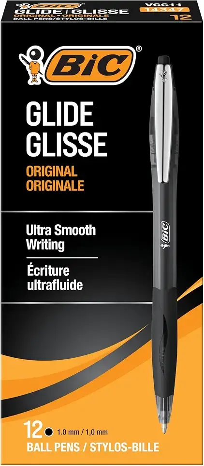 BIC Glide Black Retractable Ballpoint Pens, Medium Point (1.0mm), 12-Count Pack, Ultra Smooth Writing Black Pens