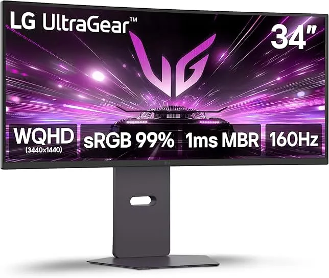 LG 34G600A-B 34-inch Ultragear WQHD (3440 x 1440) Curved Gaming Monitor 160Hz, AMD FreeSync Premium, HDR10, Built-in Speaker, Reader Mode, HDMI 2.1, DisplayPort, Tilt/Height/Swivel Stand, Black