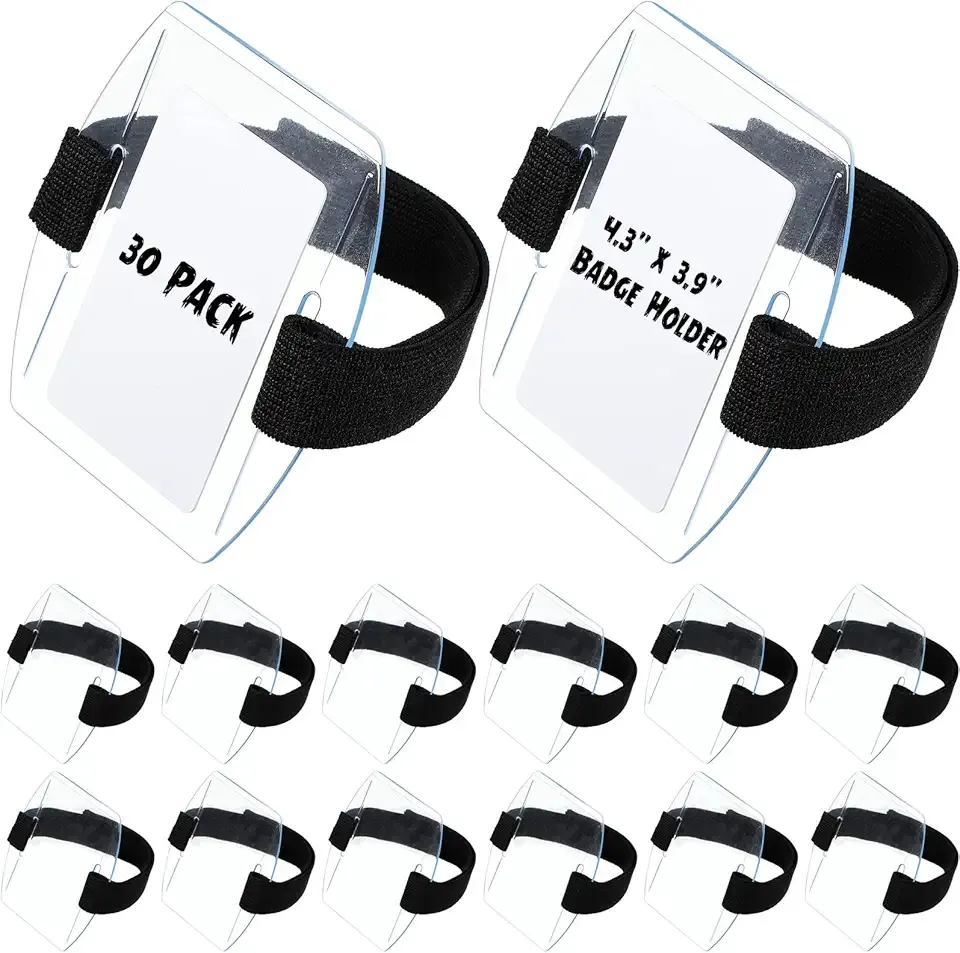 Epakh 30 Pcs Arm Badge Holder Armband ID Card Holder with Hook and Loop Fastener Clear Plastic Name Tag Badge Carrier, Universal Size(Simple Strips,Black)