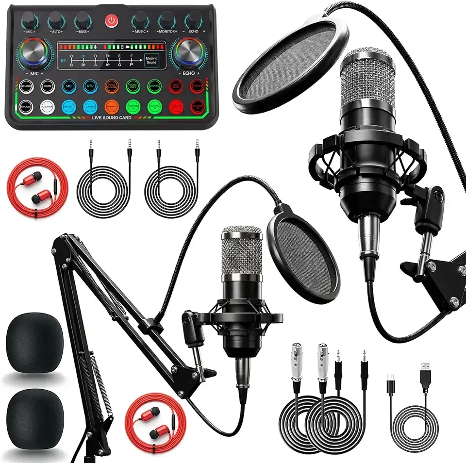 Podcast Equipment Bundle with Dual Condenser Microphones, Audio Interface Mixer Sound Board, Boom Arms, Pop Filters & Cables, Recording Studio Kit for Streaming, Gaming, Voice Over