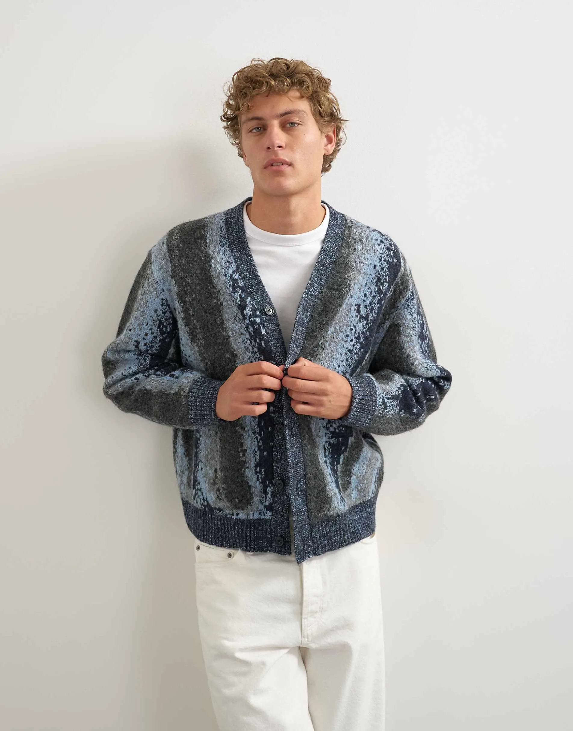 Topman relaxed fit abstract stripe knitted cardigan in dark grey