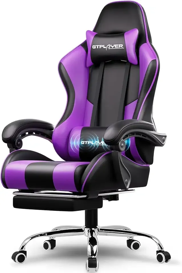 GTPLAYER Gaming Chair, Computer Chair with Footrest and Lumbar Support, Height Adjustable Game Chair with 360°-Swivel Seat and Headrest and for Office or Gaming (Faux Leather, Purple)