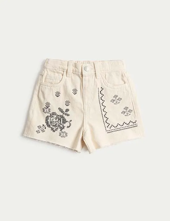 Denim-Shorts aus reiner Baumwolle und Stickerei (2–10 J.)