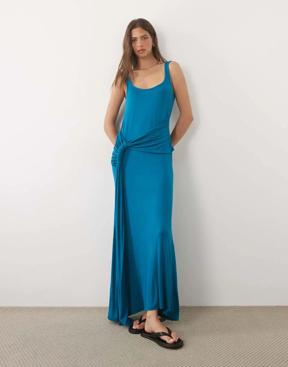 ASOS DESIGN scoop neck midi dress with ruched tie detail in green