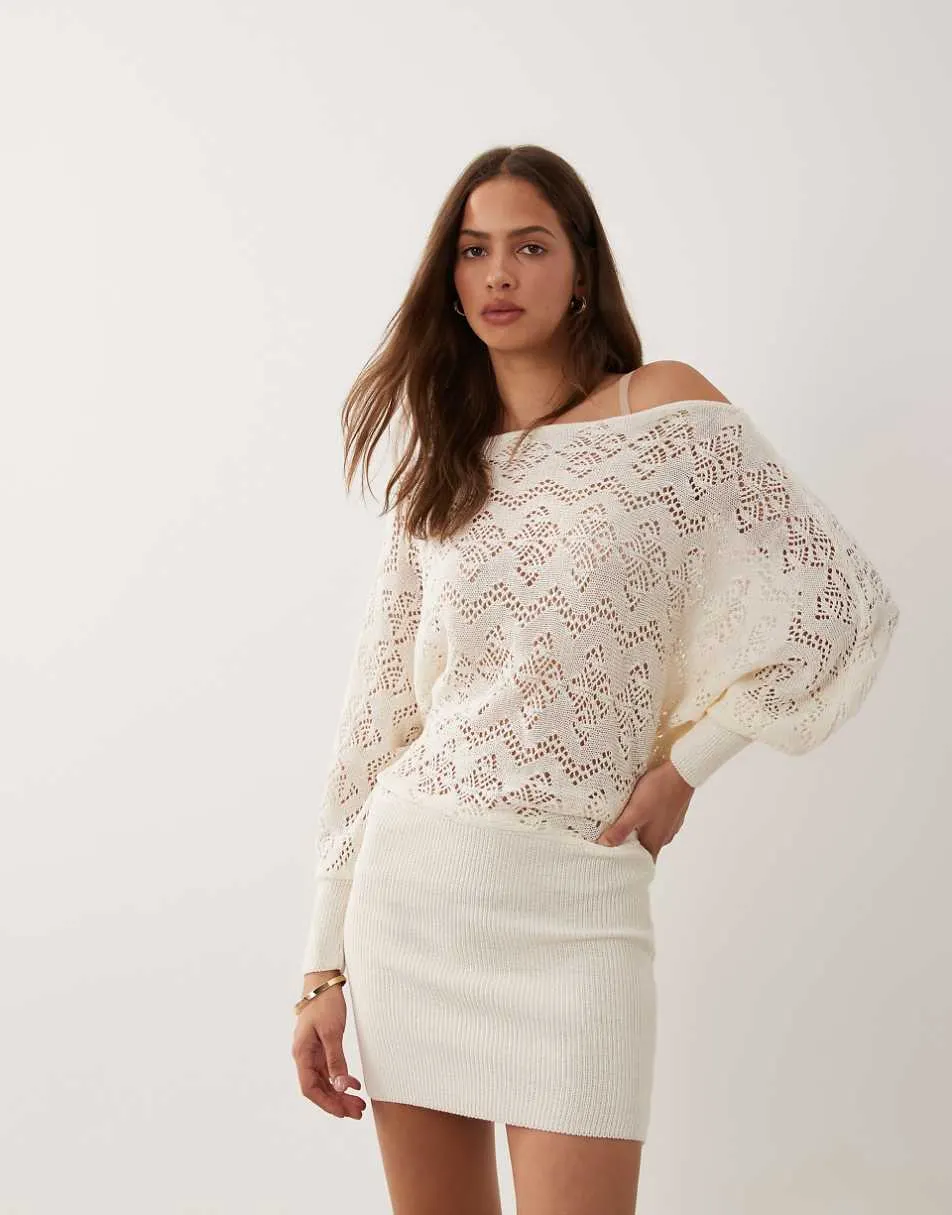 Miss Selfridge off shoulder crochet mix dress in cream