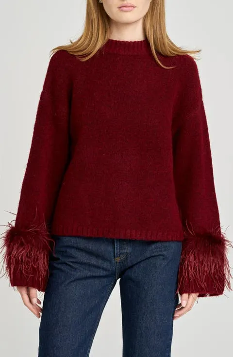 WAYF Pia Feather Trim Mock Neck Sweater