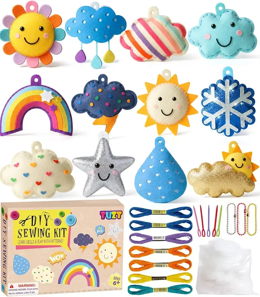 TUZT Sewing Kit for Kids, My First Weather Sewing Craft Kit for Beginner with 12 DIY Pre-Cut Plush Toys, Plastic Needles & Thread, DIY Felt Crafts Project Gift for Girls Boys Age 3-8