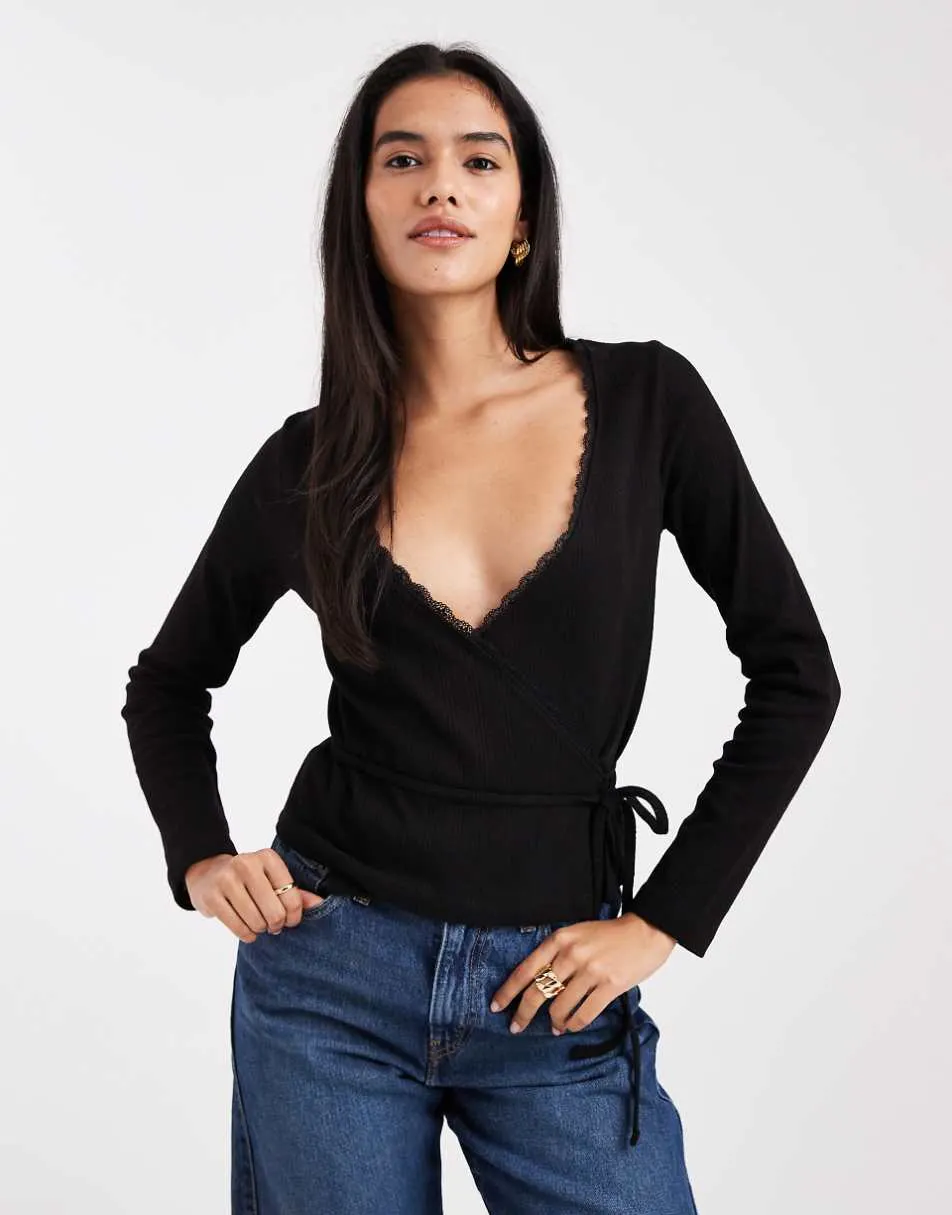 Miss Selfridge pointelle wrap top in black