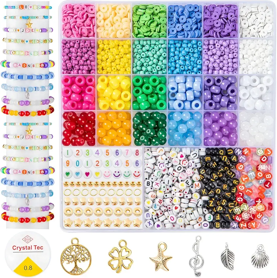Taybonds Beaded Jewelry Assembly Set – 24 Color Polymer Clay, Glass & Letter Beads with Gold Spacer Components, Aesthetic Jewelry Materials for Bracelets, Necklaces & Accessories