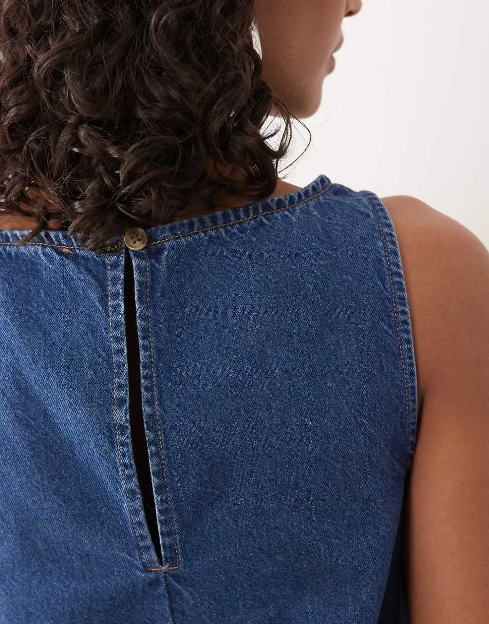 ASOS DESIGN denim fit and flare shift dress in mid blue