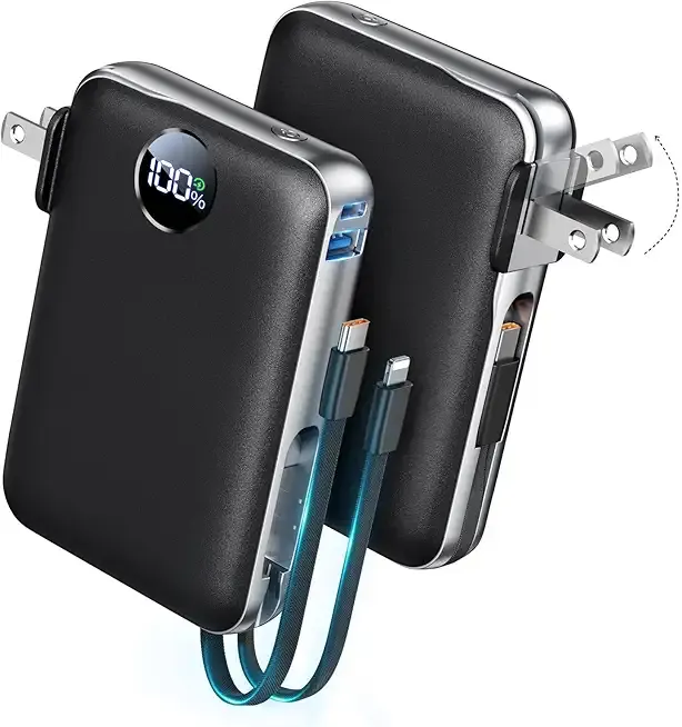 Portable Charger with Built-in Cables & Wall Plug, 10000mAh Power Bank, 4 Outputs 22.5W USB C Fast Charging, Slim Travel Battery Pack with LED Display for iPhone 17/16/15/14, Black