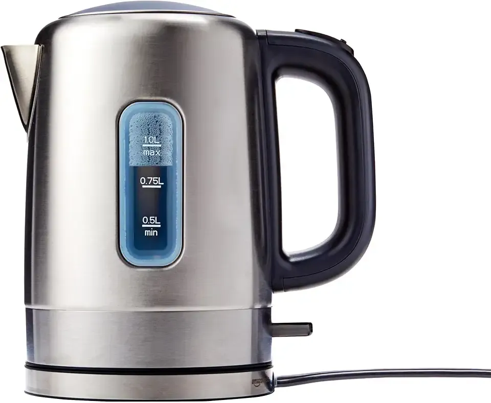 Amazon Basics Electric Stainless Steel Kettle for Tea and Coffee, BPA-Free, Fast Boiling, Auto Shut-Off, 1.1 Quarts, 1500W, Black and Silver