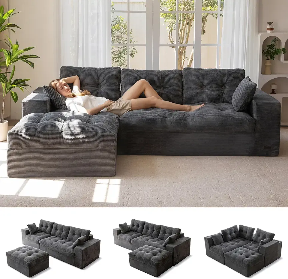 MAXYOYO 104" L Shaped Modular Sectional Sofa with Ottoman, Cloud Boneless Couch with Layered Cushion, Upholstered Sofa in a Box, Flexible Module Combination for Living Room, No Assembly, Dark Grey