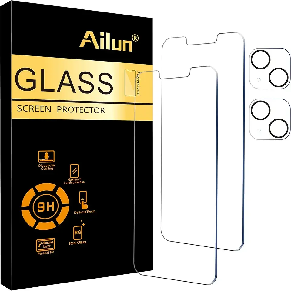 Ailun 2 Pack Screen Protector for iPhone 13 [6.1 inch Display] with 2 Pack Tempered Glass Camera Lens Protector,[9H Hardness]-HD