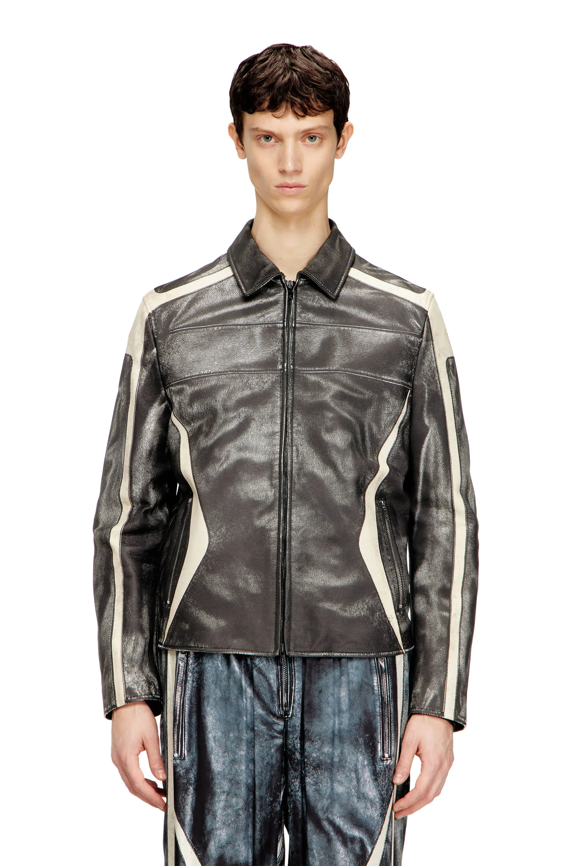 Leather coach jacket with biker print