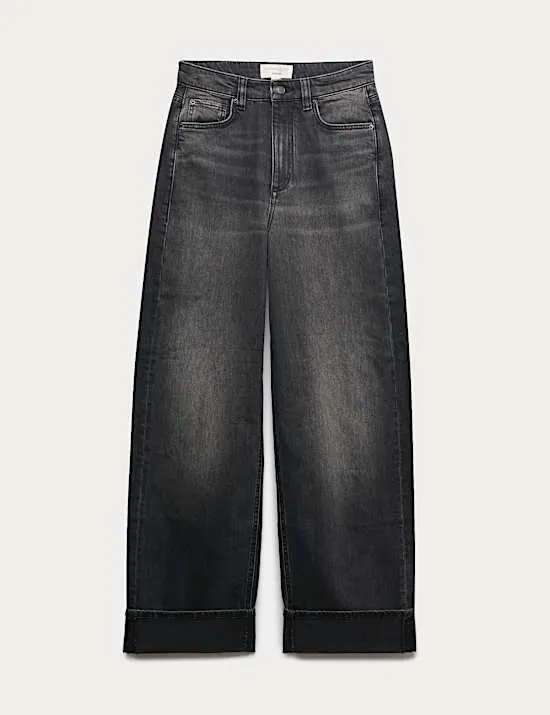 High Waisted Straight Leg Turn Up Jeans