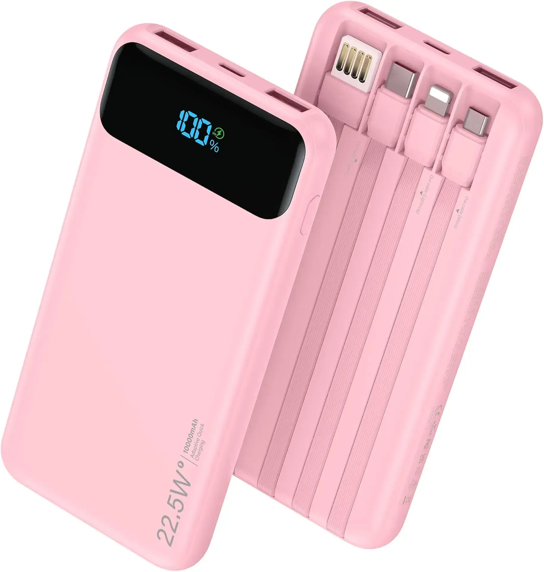Portable Charger, 10000mAh 22.5W Fast Charging Power Bank with 4 Built-in Cables, Travel Essentials Battery Pack with LED Display, 6 Outputs Charging Bank Compatible with iPhone, iPad, Samsung Pink