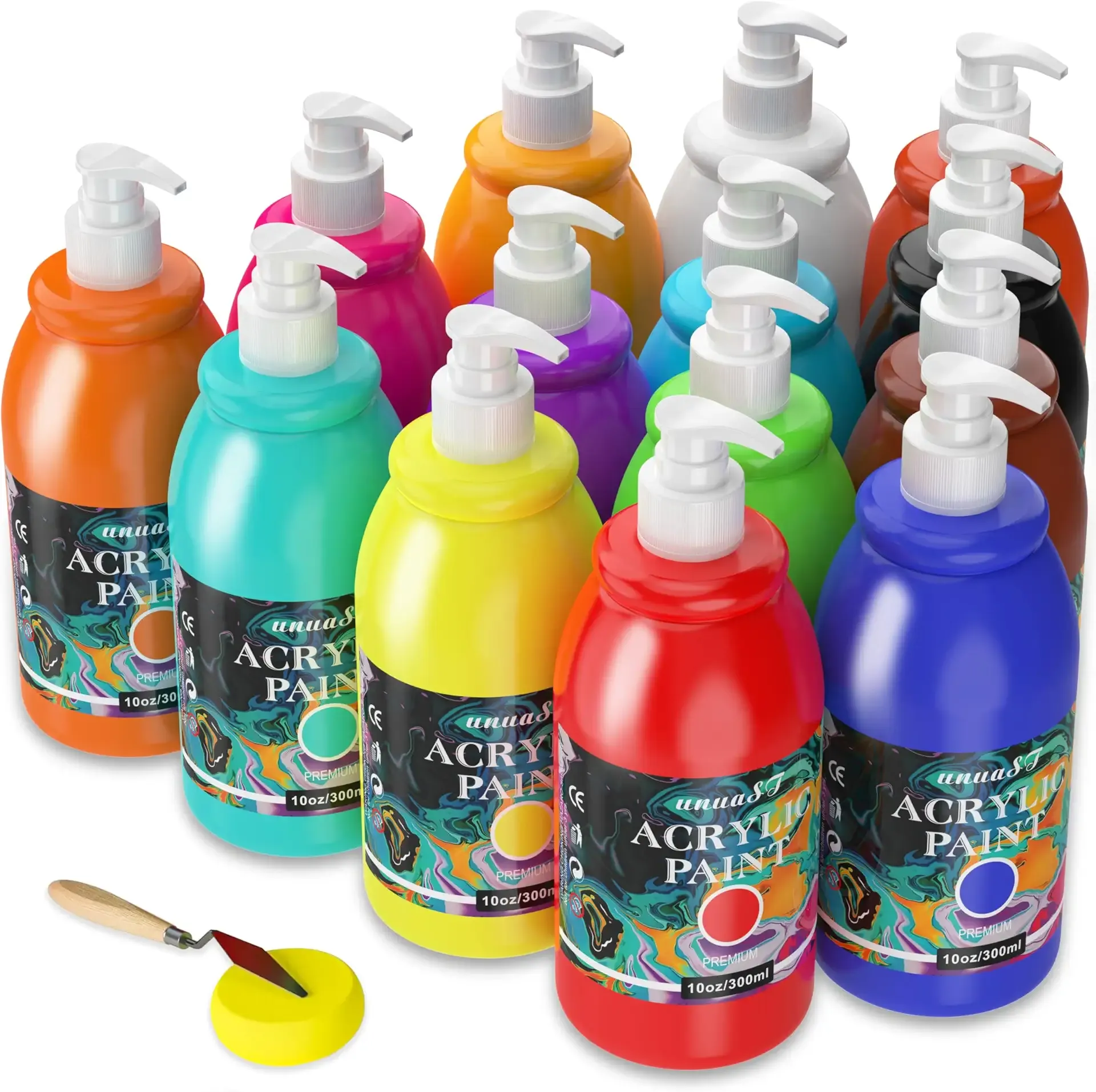 unuaST Acrylic Paint Sets for Adults, 14 Colors Large Bulk Acrylic Paints kits Rich Pigment Art Painting Supplies for Artists/Beginners, Paint Sets for Canvas with Pump, Color Wheel (10oz/300ml)