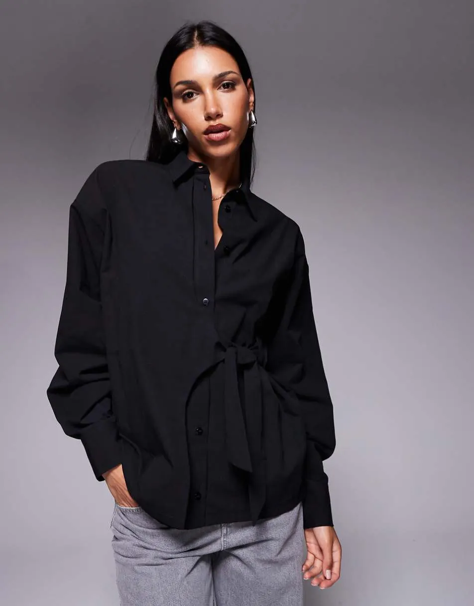 ASOS DESIGN cinch overwrap bow detail oversized shirt in black