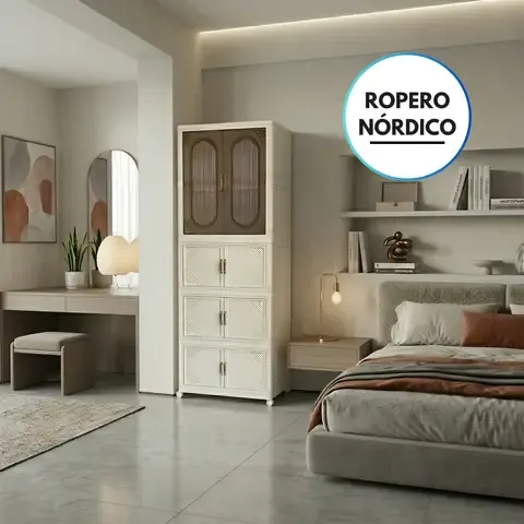 Ropero Moderno Estilo Nórdico Con Colgadores y Ruedas - Blanco