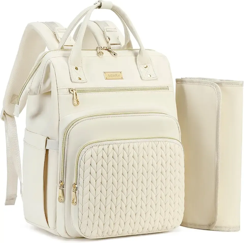 AIJIEKE Large Diaper Bag Backpack, Extra Wide Travel Diaper Bag, Beige