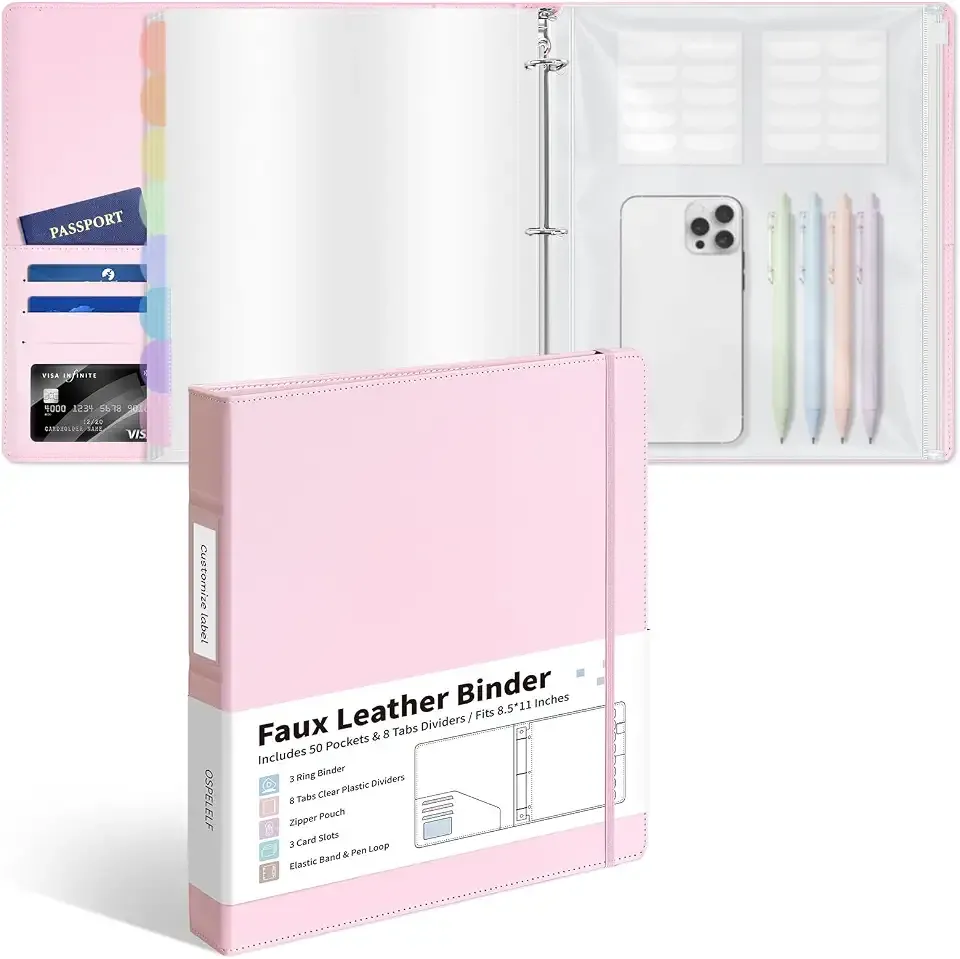 Ospelelf Leather Binder with 58 Plastic Sleeves, 3 Ring Presentation Binder for 8.5x11, Portfolio Organizer with 8 Tabbed Sleeves & Zipper Pocket for Documeents, Artwork, Certificates Pink