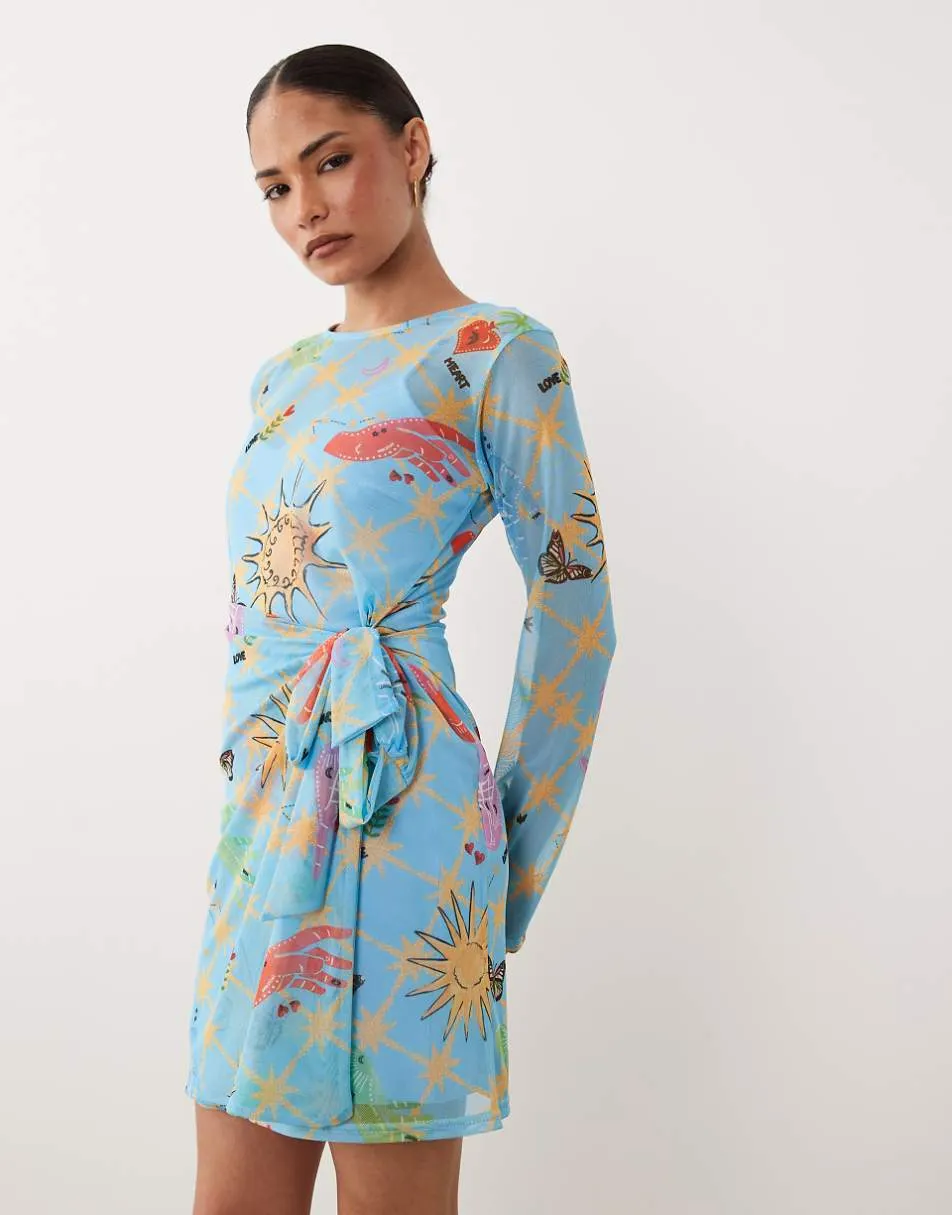Never Fully Dressed Petite Palma mesh wrap long sleeve mini dress in blue celestial print