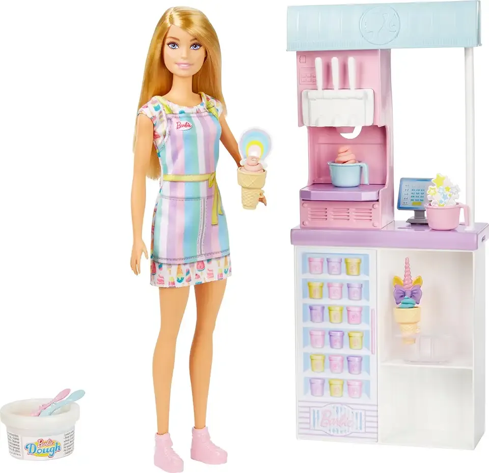 Careers Playset, Ice Cream Shop Set with Blonde Fashion Doll, Ice Cream Machine, Molds, Dough & Accessories
