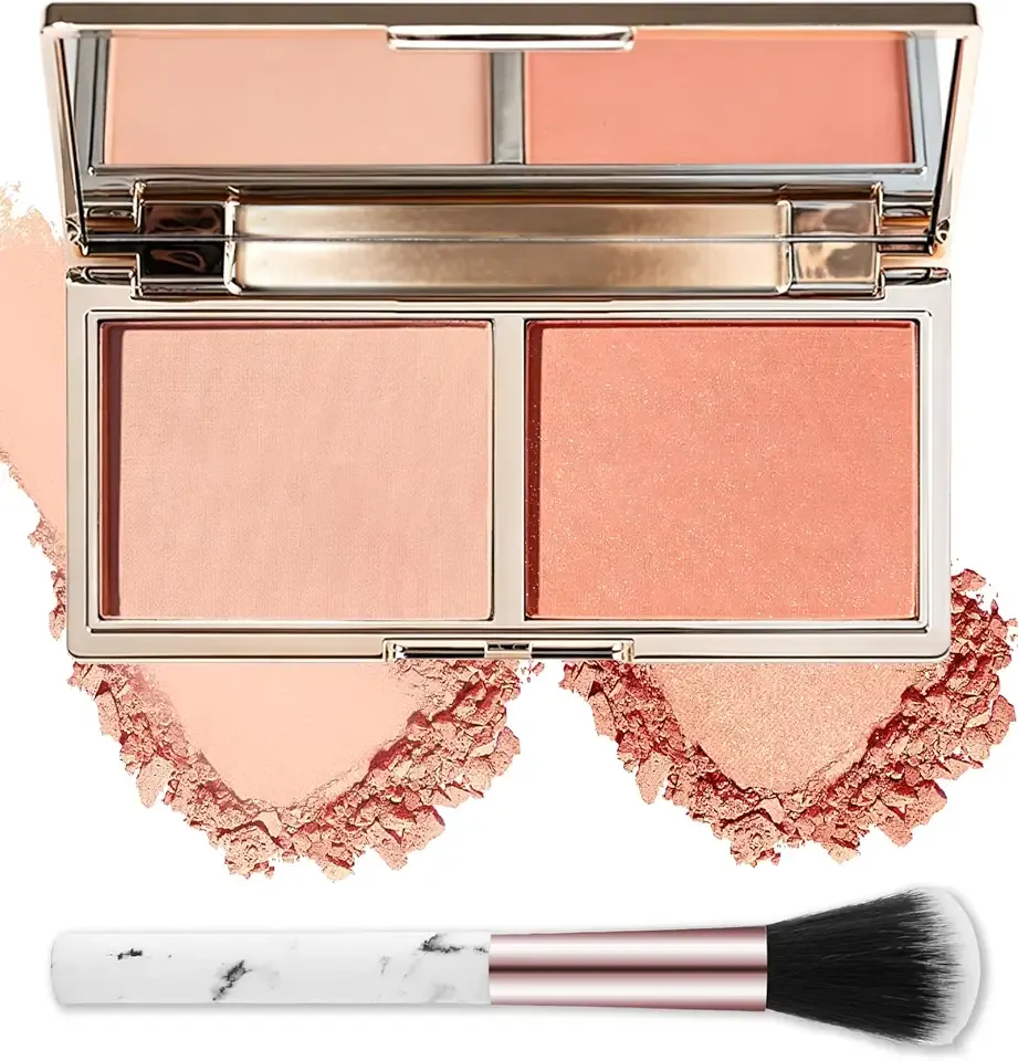 Blush Powder Palette, 2 Colors Peach Pink Matte Blusher for Cheeks, Long Lasting High Pigment Blendable Blush Contour Palette with Mirror & Brush, Thanksgiving Makeup Gift Kit for Women Girl-Set 01
