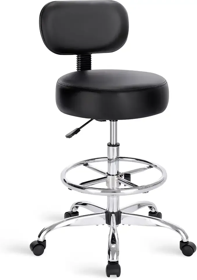 SUPERJARE Drafting Chair with Backrest, Adjustable Foot Rest Rolling Stool | Multi-Purpose Shop Stool, Drafting Stool, Office Desk Chair, Bar Stools with Thick Seat Cushion for Home Bar Kitchen, Black