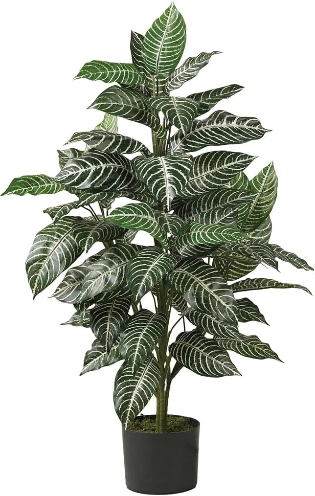 Nearly Natural 3 ft Zebra Artificial Plant with Striped Leaves and Pot | Lifelike White Pin-Striped Leaves, Maintenance-Free, Sturdy Nursery…