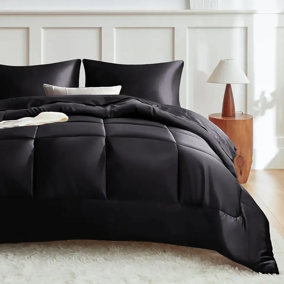 MR&HM King Size Comforter Set Black, Reversible Satin Microfiber Comforter Set for All Seasons, 3 Pieces Non-Slip Silky Soft Bedding Sets with 1 Comforter (104"x90") and 2 Pillowcases (20"x36")