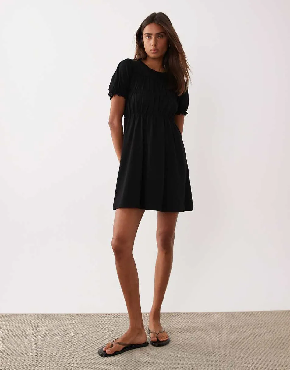 Miss Selfridge shirred smock mini dress in black
