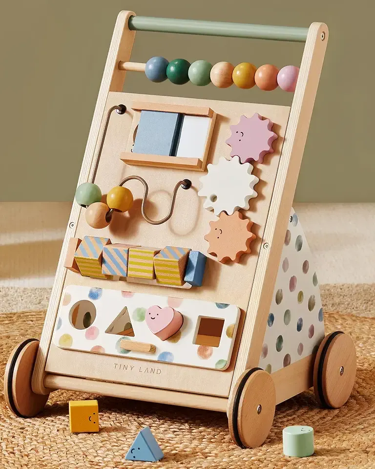 Tiny Land Wooden Baby Walker with Activity Center, Montessori Push Walker | Adjustable speed for beginners, From sitting play to first steps, Sensory hand-on games, Gift for boys & girls, Morandi