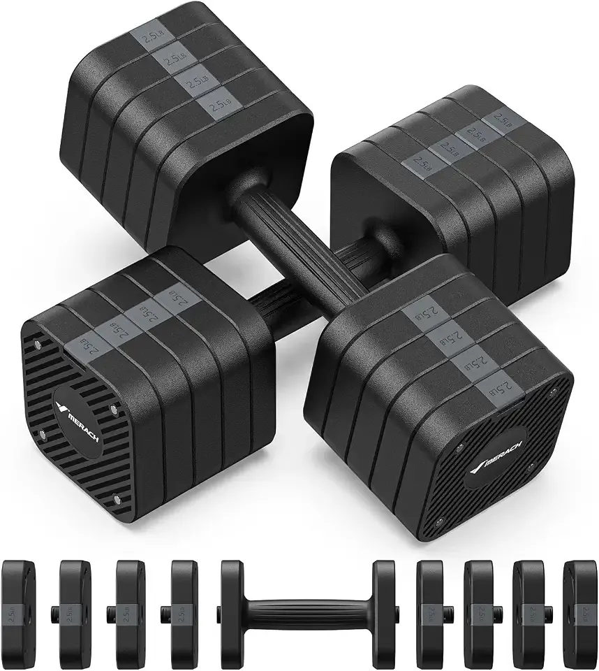 MERACH Adjustable Dumbbells Set, 5-25 LBS Quick Adjust Dual Lock Home Gym | 5 Weight Levels, Non-slip Grip, Wobble-free, Square Anti-roll, Cast Iron Core, Space Saving, Men Women Strength Training