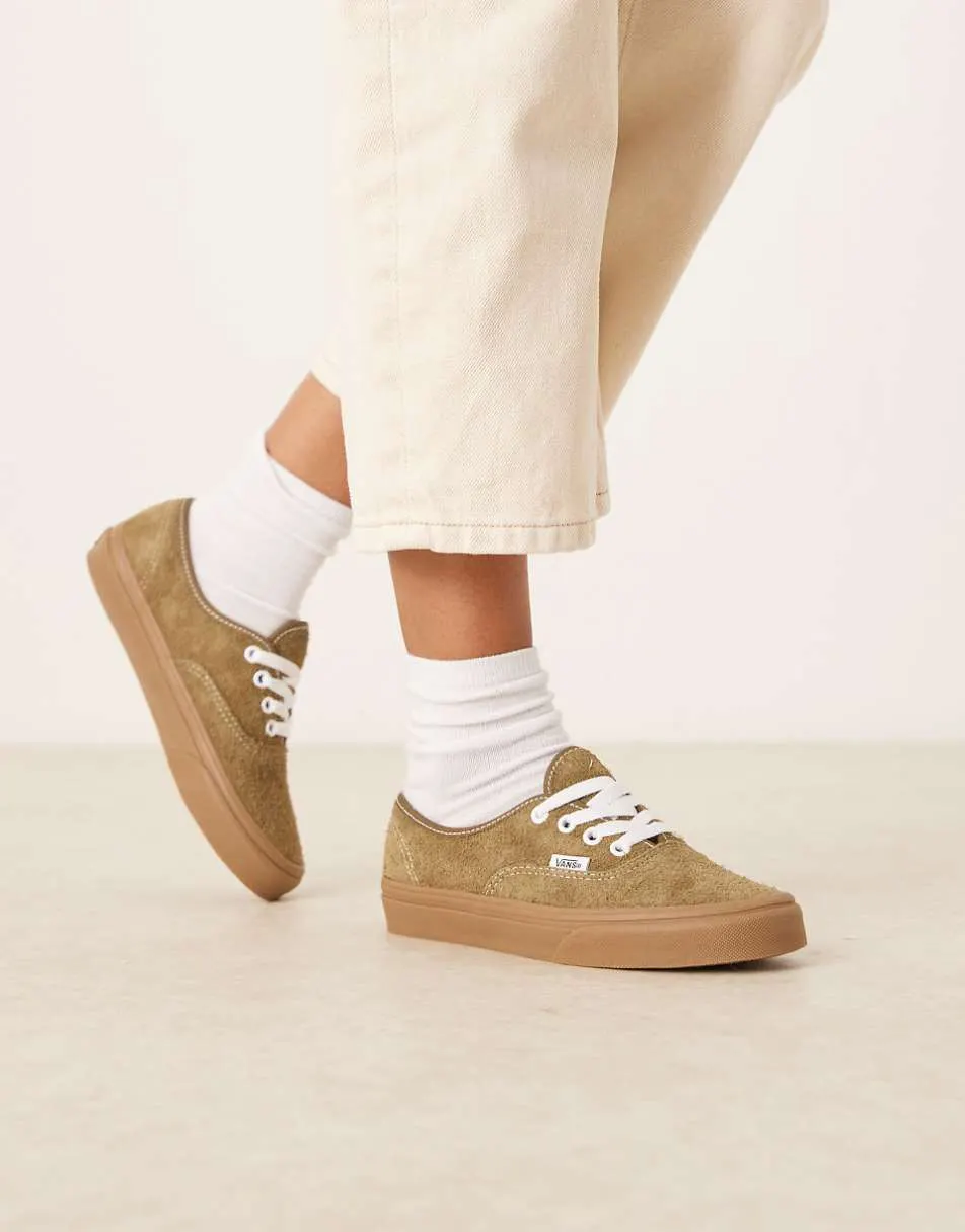 Vans Authentic hairy suede trainers in olive green with gum sole