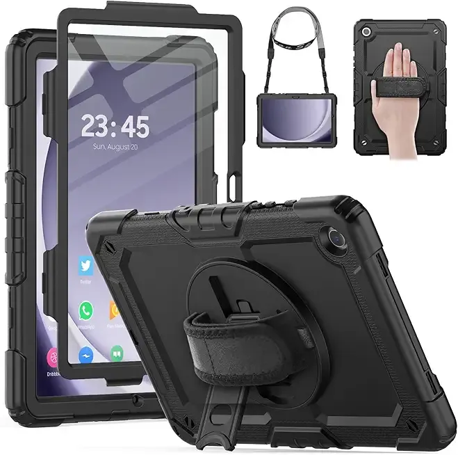 HXCASEAC Case for Samsung Galaxy Tab A9+ Plus 11 Inch, Protective with Screen Protector/Hand Strap/Pen Holder, Sturdy Shockproof for Samsung A9 Plus Tablet Case SM-X210 SM-X216 SM-X218 - Black