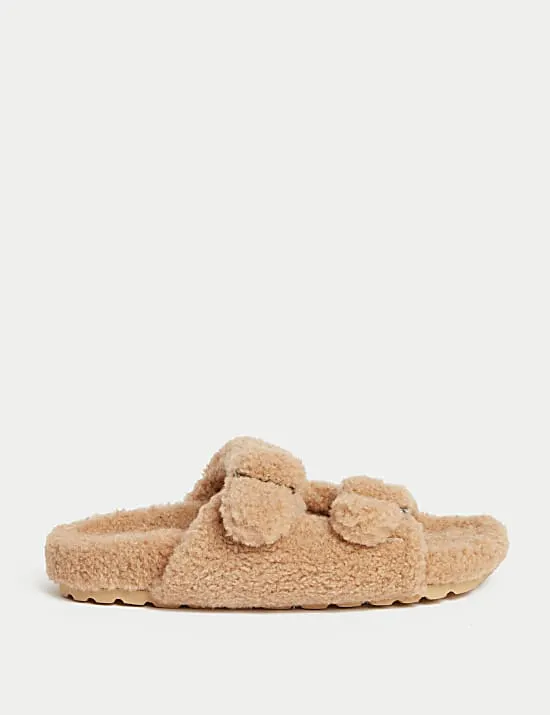 Borg Buckle Open Toe Slider Slippers