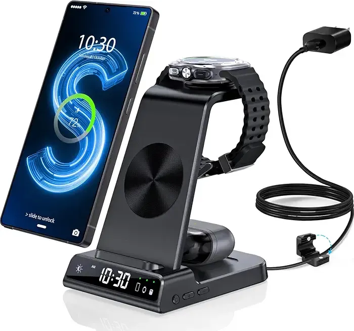 Wireless Charger for Samsung Charging Station with Clock for Samsung Galaxy S25 Ultra/S24 Ultra/Z Flip 7/Z Fold6/Bud, 3 in 1 Android Charging Station, Watch Charger for Samsung Galaxy Watch 8/7/6/5Pro