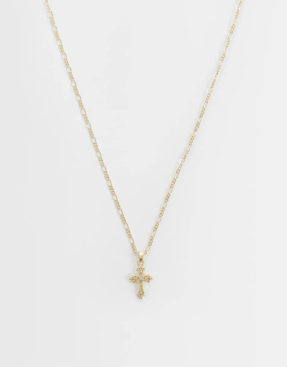 ASOS DESIGN cross pendant necklace with crystal detail in gold