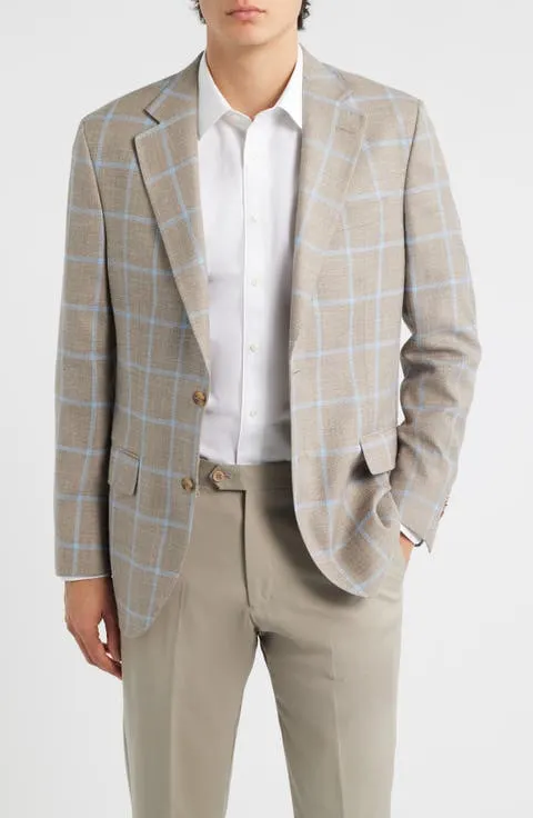 Hyperlight Soft Tan Windowpabne Check Wool & Silk Blend Sport Coat (Regular & Big)