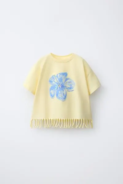 SEQUINNED FLORAL FRINGED T-SHIRT
