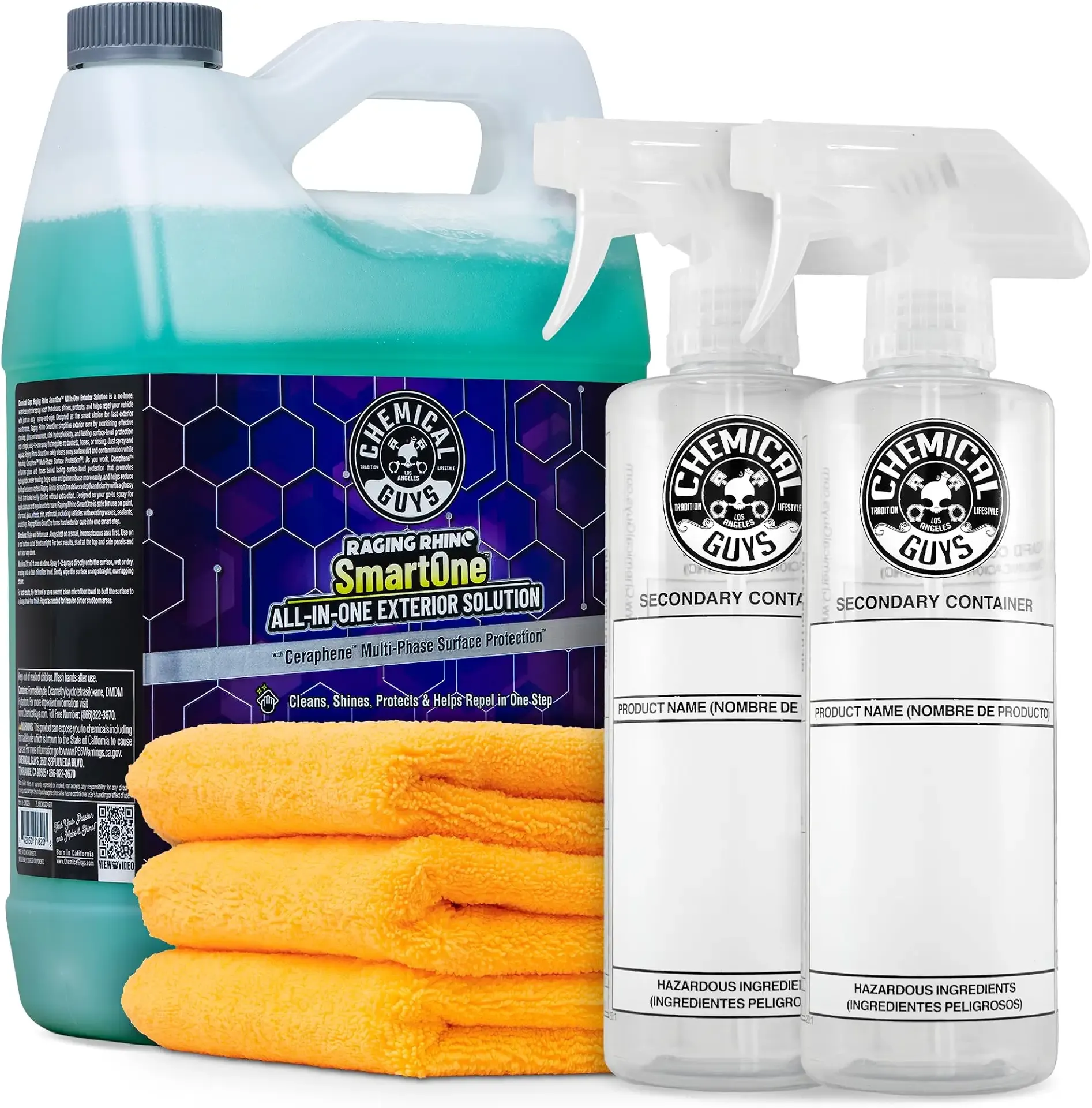 Chemical Guys Raging Rhino Waterless Car Wash And Quick Detailer, 128 Fl Oz With 2 Dilution Bottles and 3 Premium Microfiber Towels - 6 Items