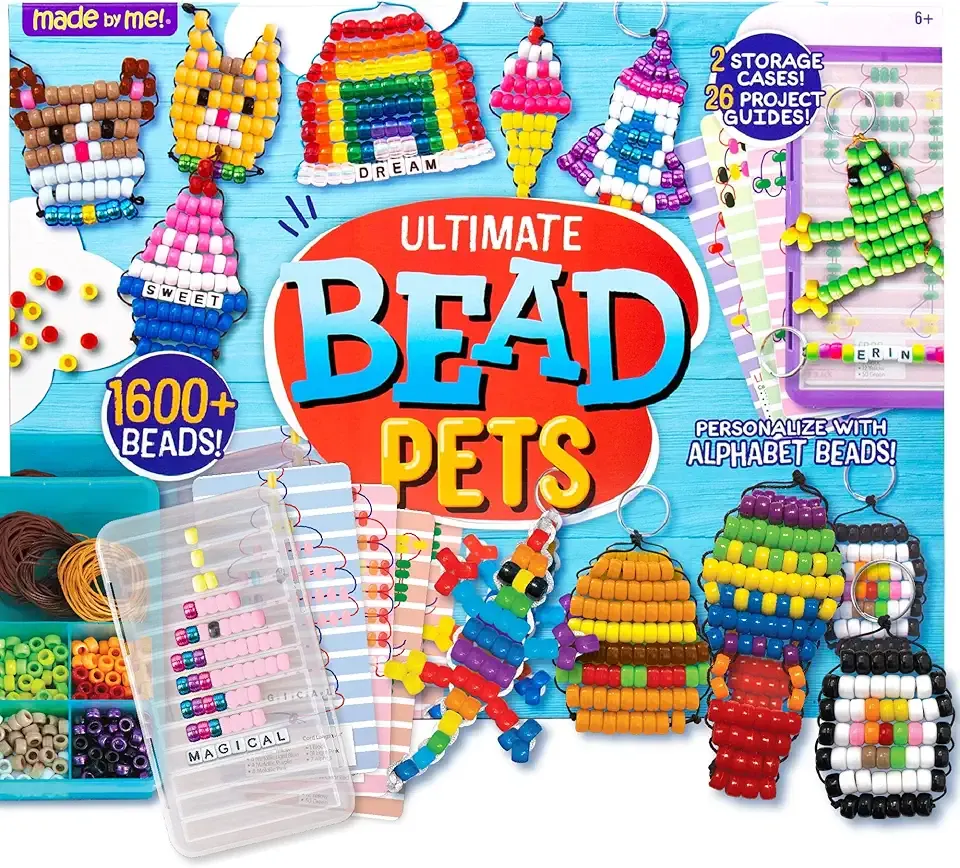 Made By Me Ultimate Bead Pets by Horizon Group USA, Bead Pets Crafts for Kids, Includes Over 1400 Beads, Cording, Keychains & Carabiner Clips, Design Templates, Storage Cases & More
